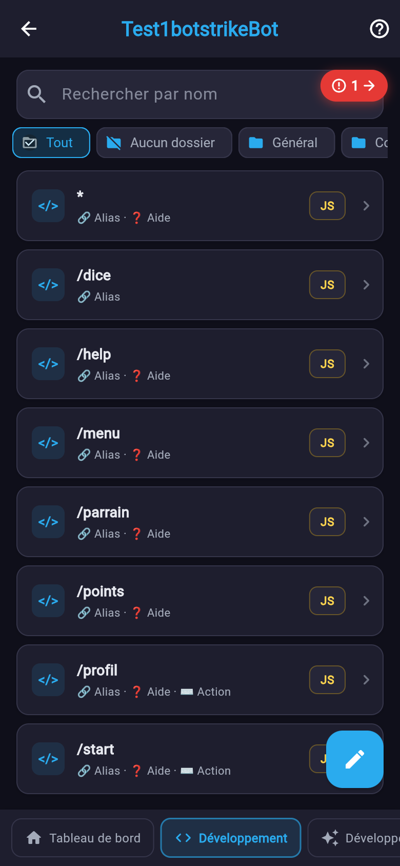 Liste des commandes d'un bot avec les filtres de dossiers Tout, Aucun dossier, Général et Compte