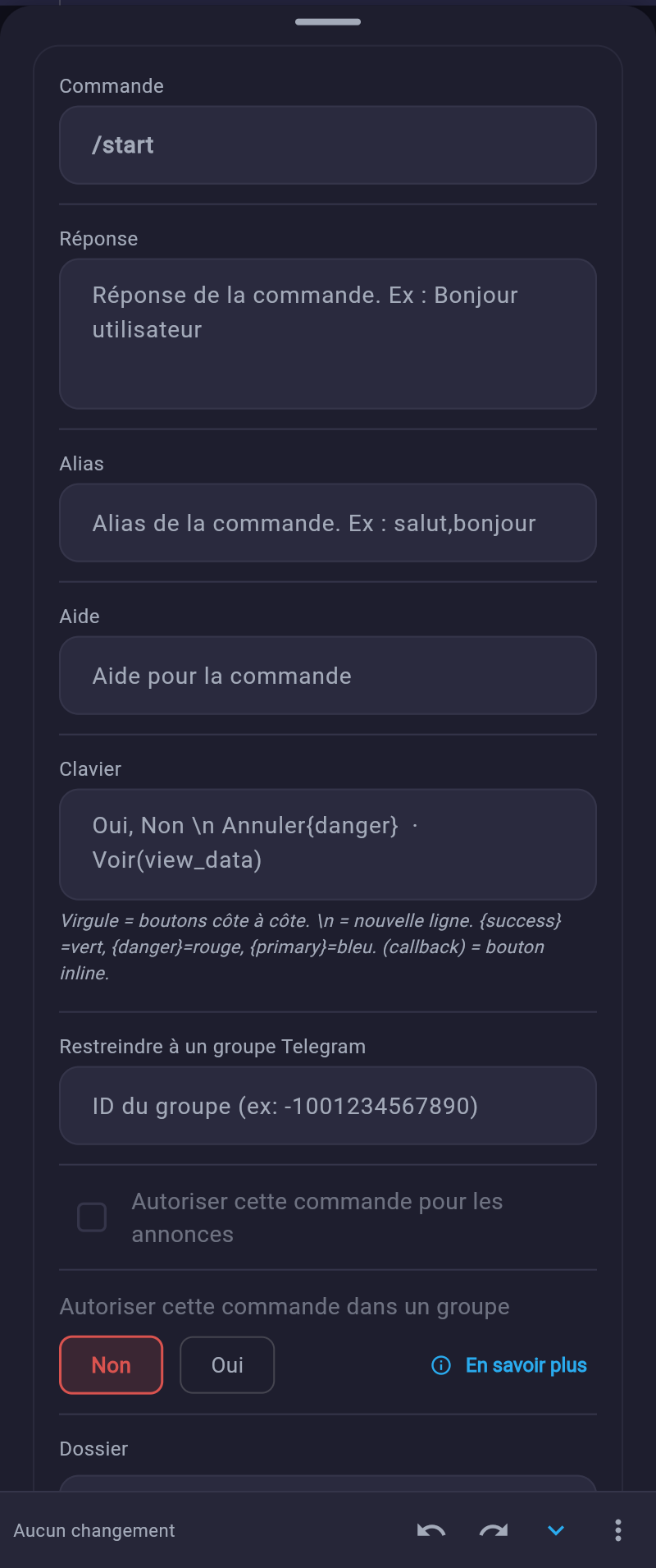 Panneau de configuration d'une commande : nom, réponse, alias, aide, clavier, restriction à un groupe Telegram, autorisation pour les annonces et dossier