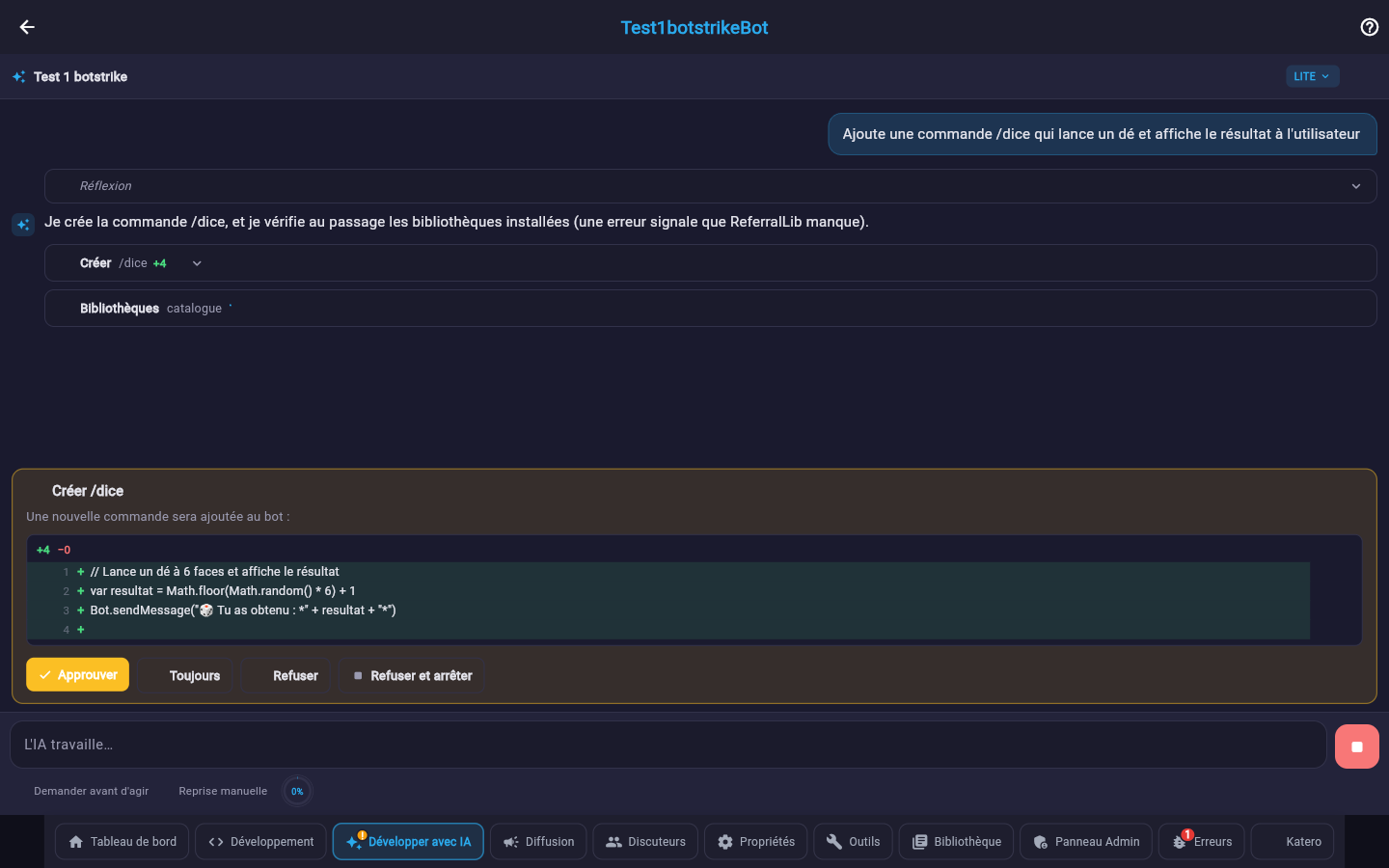 L'agent IA propose la création d'une commande : le code ajouté est affiché en différence avec les boutons Approuver et Refuser