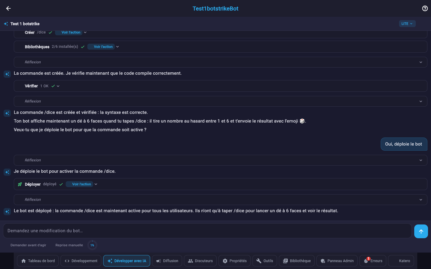 Déroulé complet de l'agent IA : créer la commande, vérifier les bibliothèques, contrôler la syntaxe, puis déployer le bot
