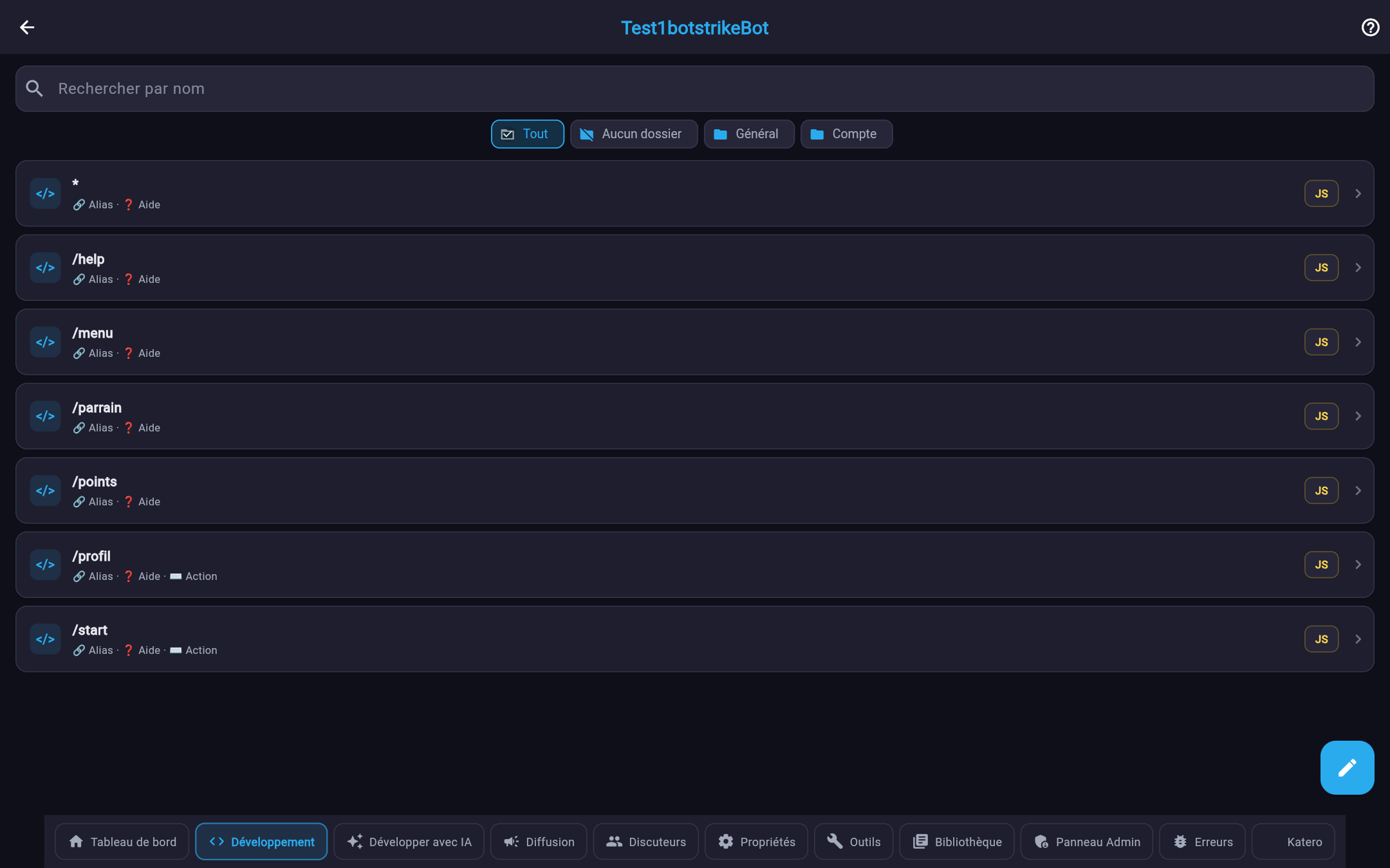 La barre d'onglets d'un bot BotStrike sur grand écran : Tableau de bord, Développement, Développer avec IA, Diffusion, Discuteurs, Propriétés, Outils, Bibliothèque, Panneau Admin, Erreurs, Katero