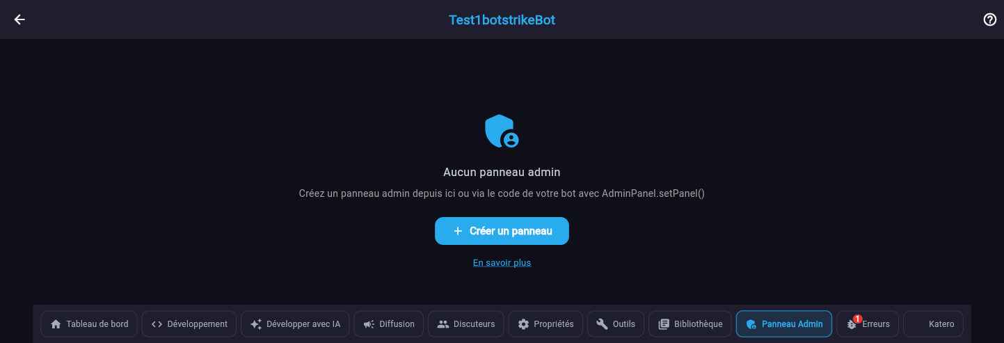Onglet Panneau Admin sans panneau créé : message « Aucun panneau admin » et bouton « Créer un panneau »