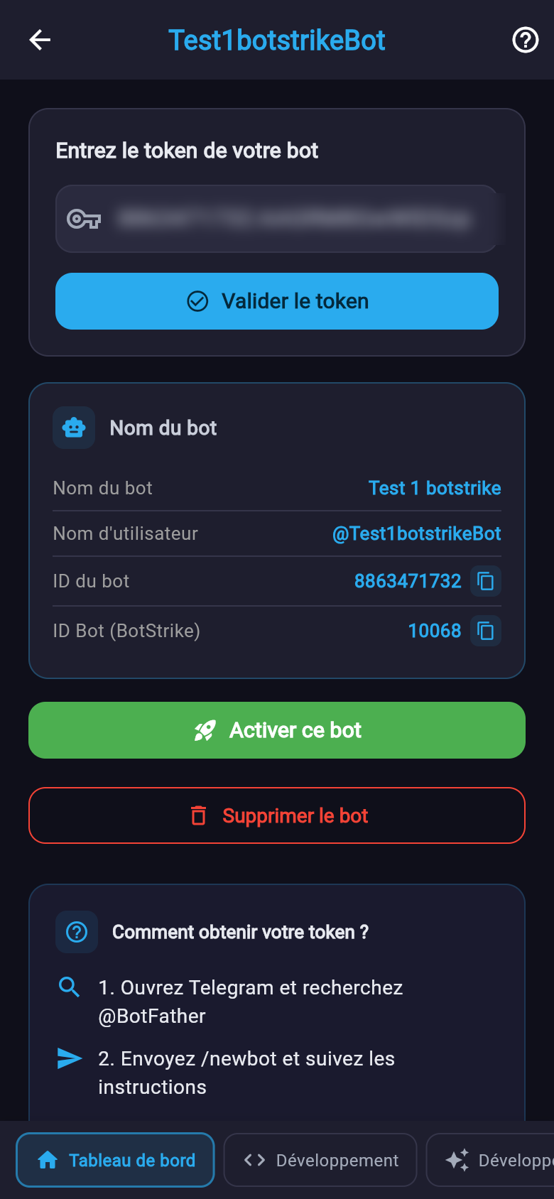 Écran de saisie du token : le champ du token Telegram, le bouton « Valider le token » et le rappel de la marche à suivre avec BotFather